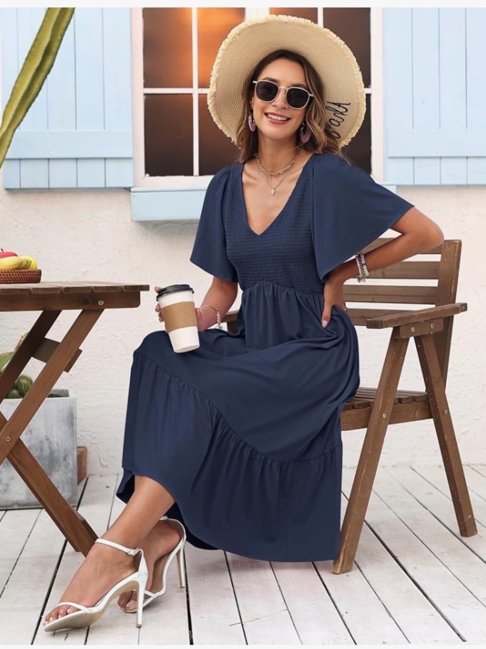 V-Neck Navy Maxi Dress with Puff Sleeves